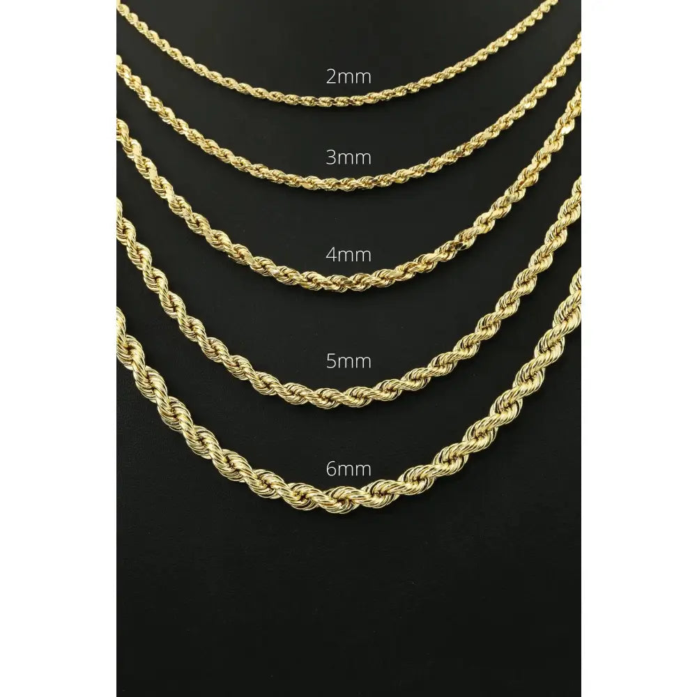 Elegant 10K Yellow Gold Rope Chain Necklace – Solid Gold, 2-5mm, 16-24 Inch with Secure Lobster Clasp.