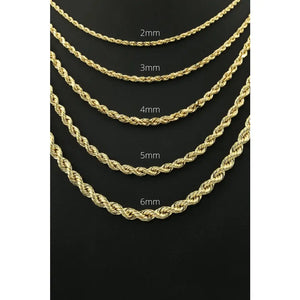 Elegant 10K Yellow Gold Rope Chain Necklace – Solid Gold, 2-5mm, 16-24 Inch with Secure Lobster Clasp.
