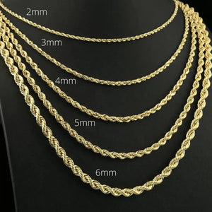 Elegant 10K Yellow Gold Rope Chain Necklace – Solid Gold, 2-5mm, 16-24 Inch with Secure Lobster Clasp.