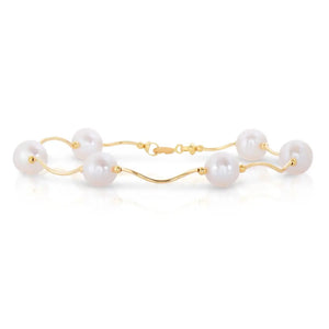Elegant 14K Gold Handmade Freshwater Pearl High Polished Station Bracelet.
