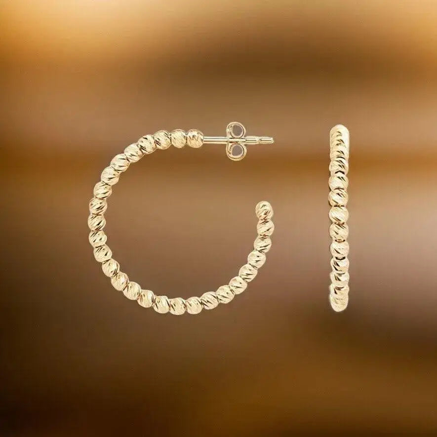 Elegant 14K Italian Gold Dainty Hoop Earrings with Beads.