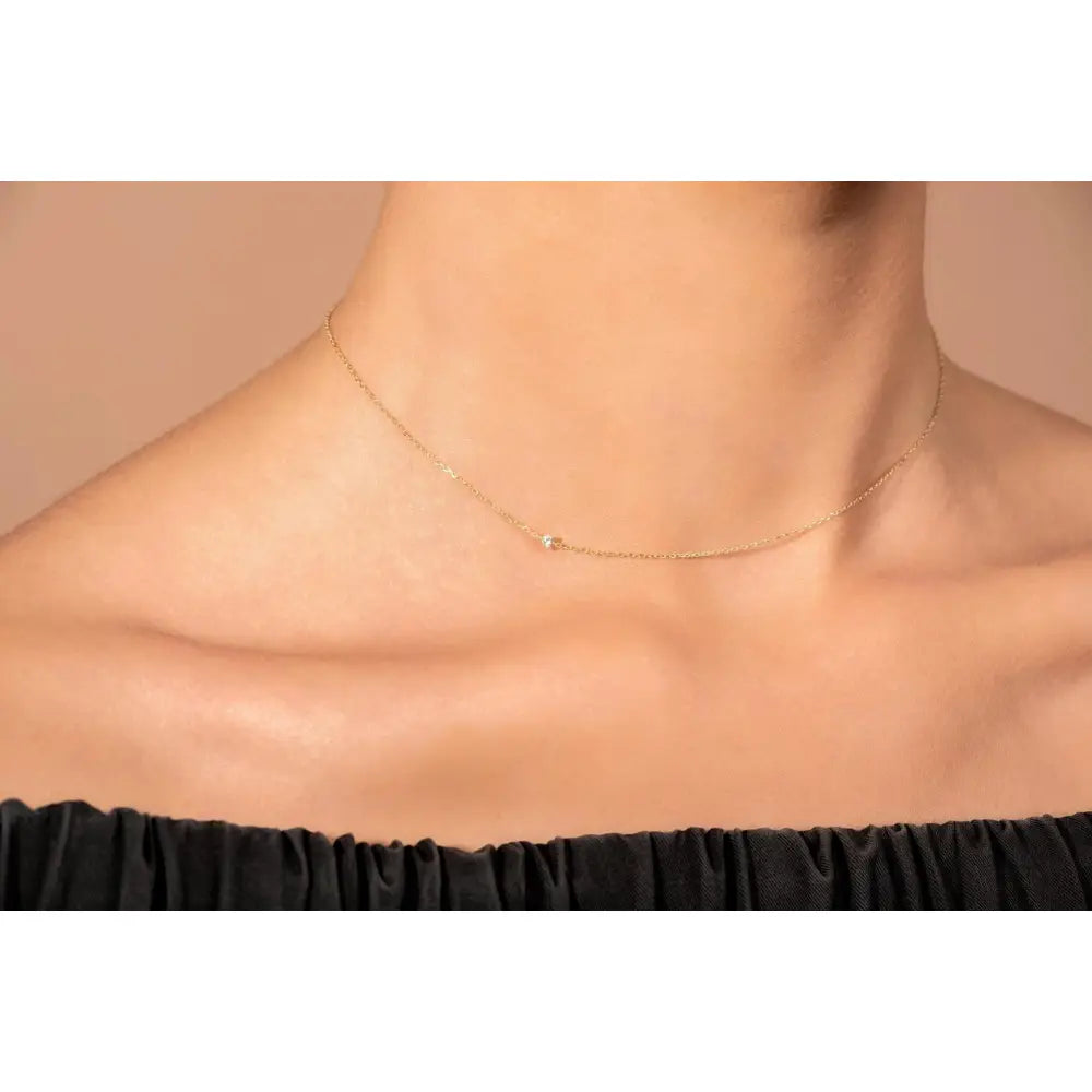 Elegant 14K Solid Gold Diamond Choker Necklace – Dainty Minimalist Two-Sided Pendant.