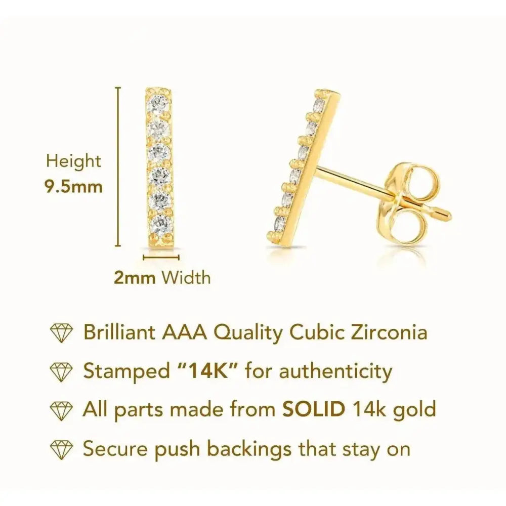 Elegant 14K Solid Gold Minimalist Cubic Zirconia Bar Stud Earrings - Petite and Dainty Design