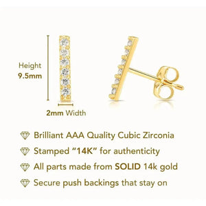 Elegant 14K Solid Gold Minimalist Cubic Zirconia Bar Stud Earrings - Petite and Dainty Design