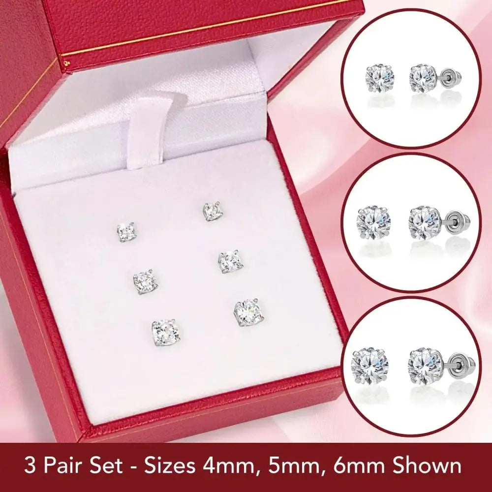 Elegant 14K Solid White Gold Screw Back Round CZ Basket Set Stud Earrings - Set of 3 Pairs.
