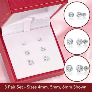Elegant 14K Solid White Gold Screw Back Round CZ Basket Set Stud Earrings - Set of 3 Pairs.