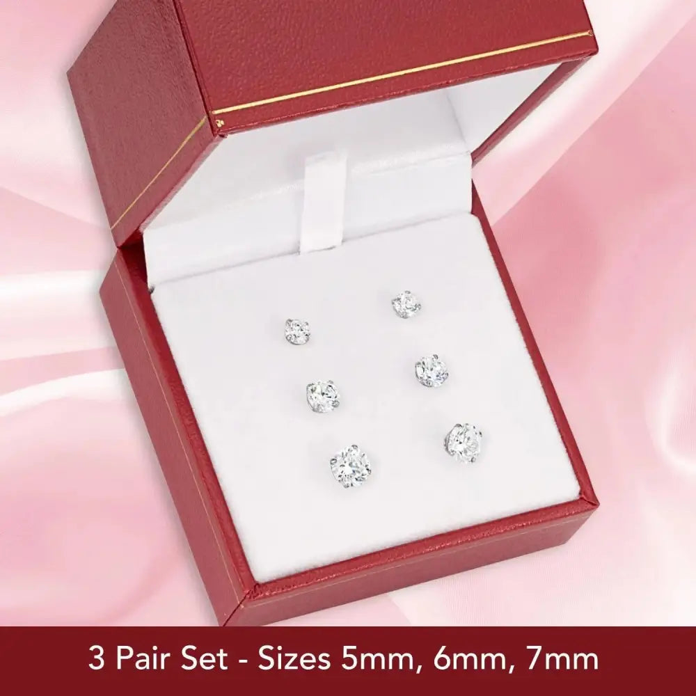 Elegant 14K Solid White Gold Screw Back Round CZ Basket Set Stud Earrings - Set of 3 Pairs.