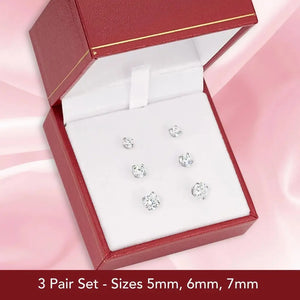 Elegant 14K Solid White Gold Screw Back Round CZ Basket Set Stud Earrings - Set of 3 Pairs.
