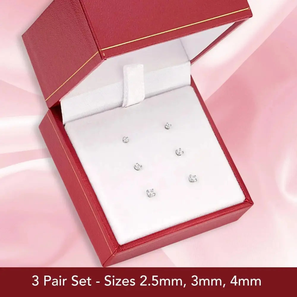 Elegant 14K Solid White Gold Screw Back Round CZ Basket Set Stud Earrings - Set of 3 Pairs.