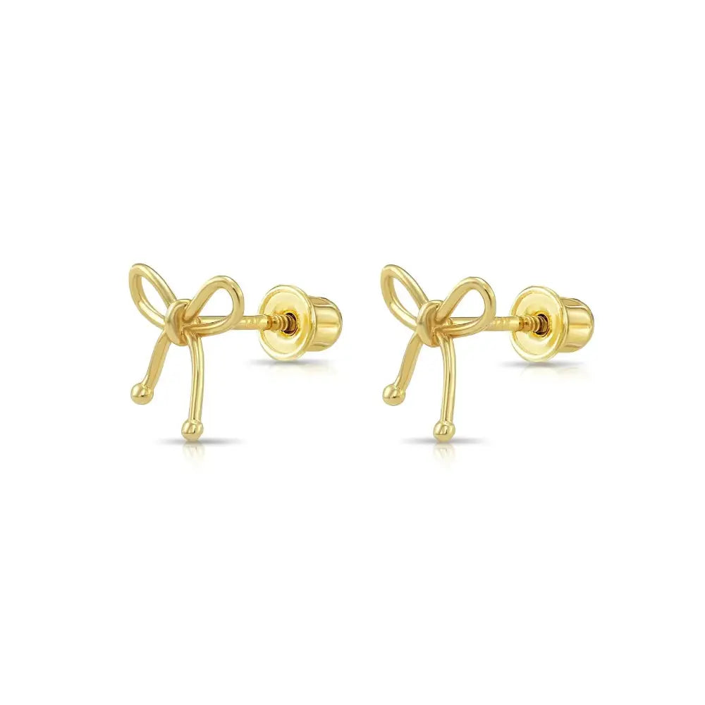 Elegant 14K Solid Yellow Gold Ribbon Bow Stud Earrings with Secure Screwback Closure.