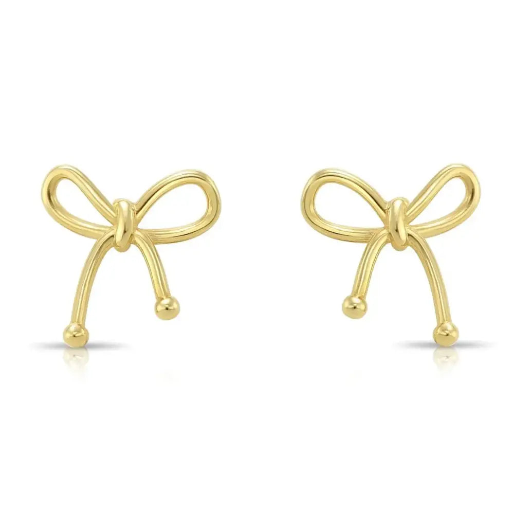 Elegant 14K Solid Yellow Gold Ribbon Bow Stud Earrings with Secure Screwback Closure.