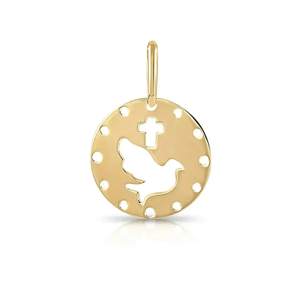 Elegant 14K Yellow Gold Dove & Cross Pendant with 18" Necklace - A Timeless Symbol of Faith.