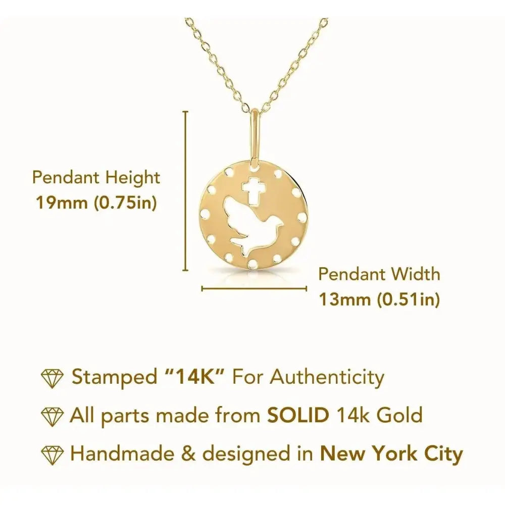 Elegant 14K Yellow Gold Dove & Cross Pendant with 18" Necklace - A Timeless Symbol of Faith