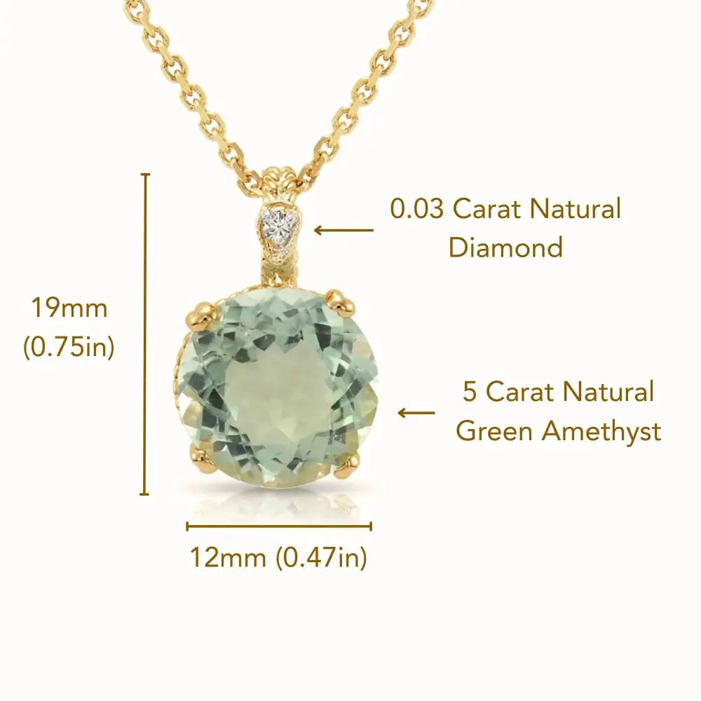Elegant 14K Yellow Gold Green Amethyst & Diamond Pendant Necklace.