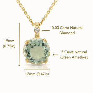 Elegant 14K Yellow Gold Green Amethyst & Diamond Pendant Necklace.