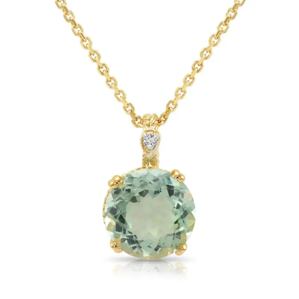 Elegant 14K Yellow Gold Green Amethyst & Diamond Pendant Necklace.