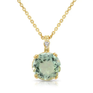 Elegant 14K Yellow Gold Green Amethyst & Diamond Pendant Necklace.