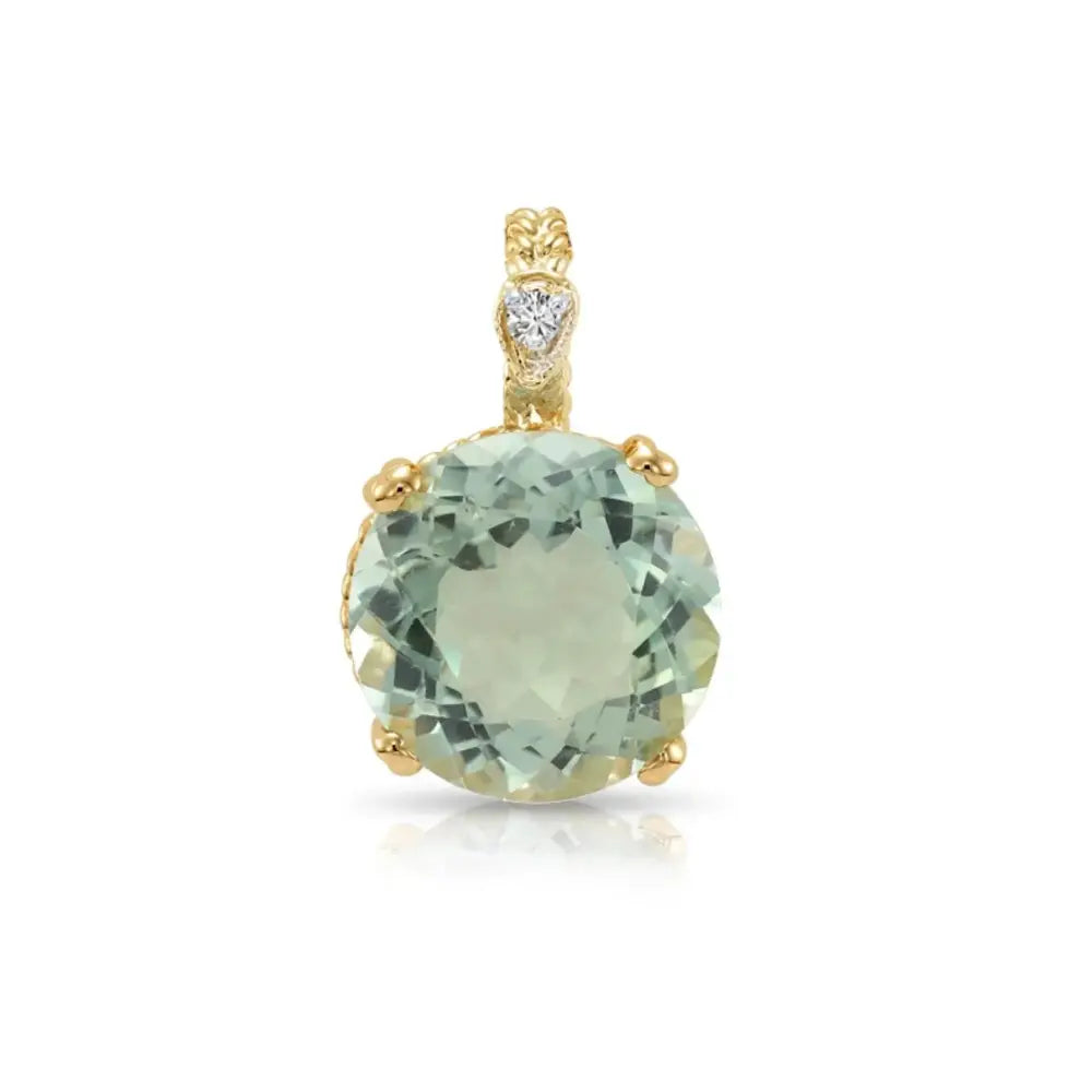 Elegant 14K Yellow Gold Green Amethyst & Diamond Pendant Necklace.
