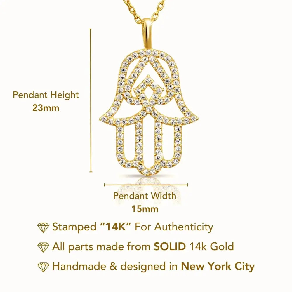 Elegant 14K Yellow Gold Hamsa Pendant Necklace with 18" Cable Chain.