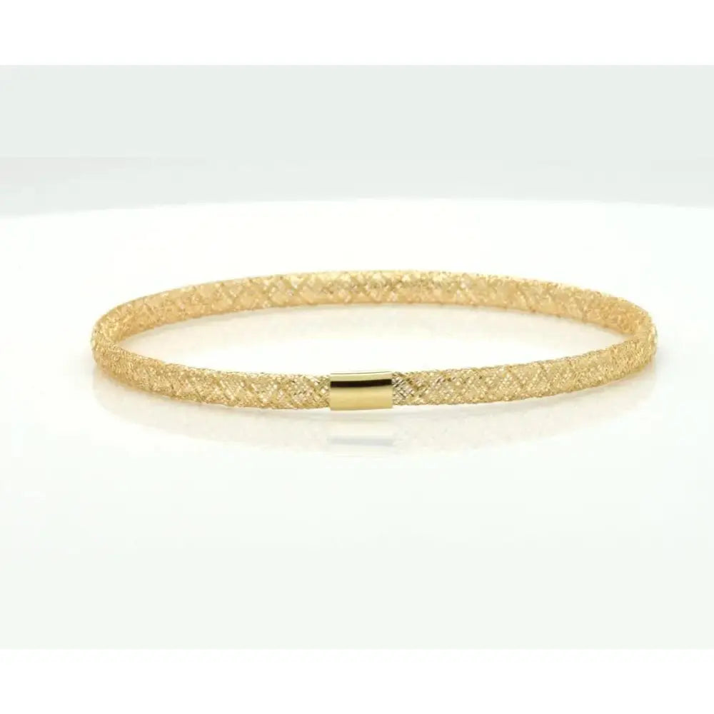 Elegant 14K Yellow Gold Mesh Bracelet - 7 Inch Flexible Slip-On Lightweight Design.