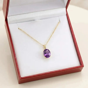 Elegant 14K Yellow Gold Oval Purple Amethyst Pendant Necklace.