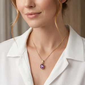 Elegant 14K Yellow Gold Oval Purple Amethyst Pendant Necklace.