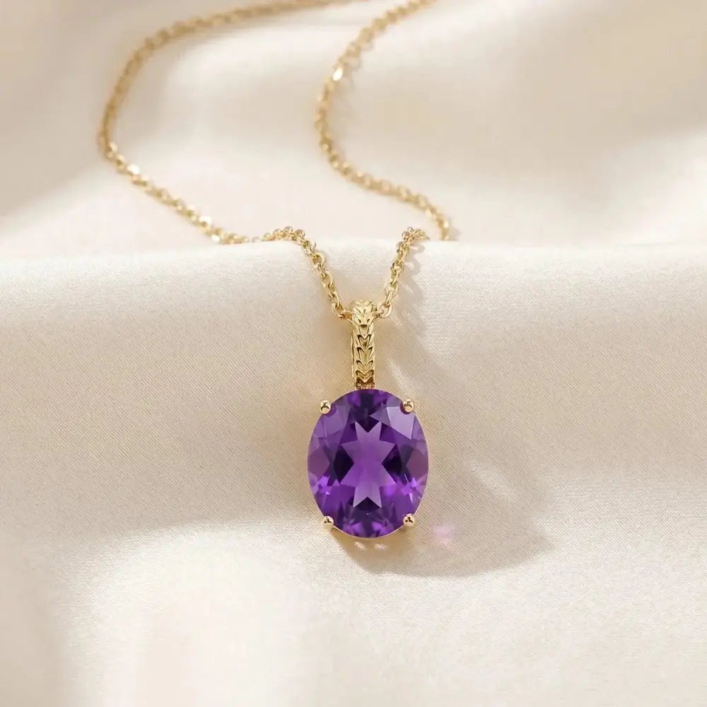Elegant 14K Yellow Gold Oval Purple Amethyst Pendant Necklace.