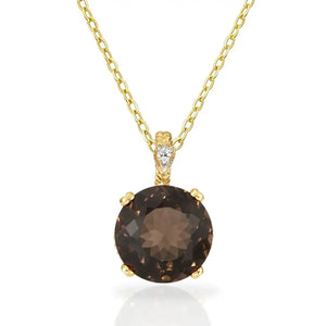 Elegant 14K Yellow Gold Smoky Quartz and Diamond Pendant Necklace.