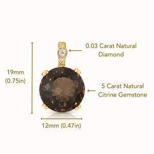 Elegant 14K Yellow Gold Smoky Quartz and Diamond Pendant Necklace.