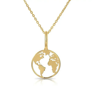 Elegant 14K Yellow Gold World Map Pendant Necklace.