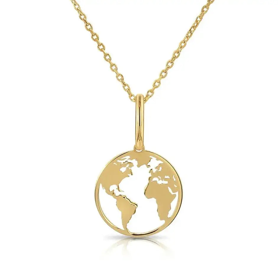 Elegant 14K Yellow Gold World Map Pendant Necklace.