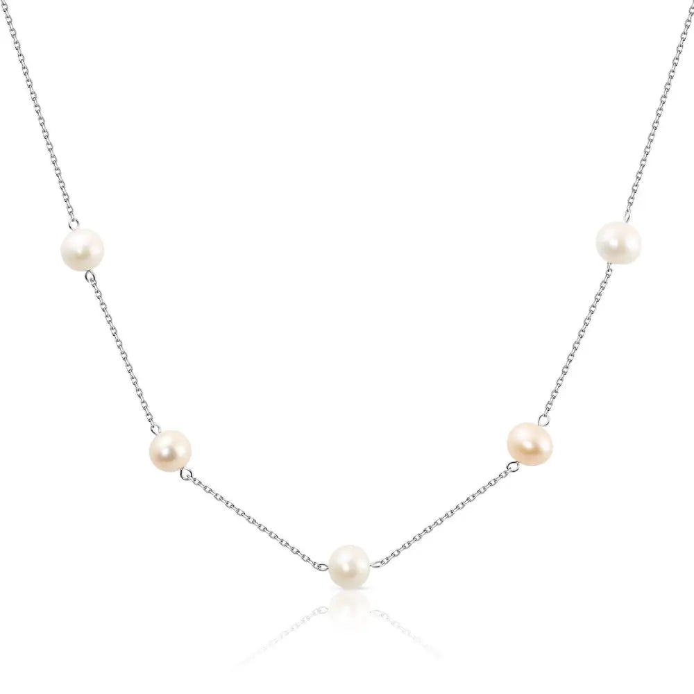 Elegant 18-Inch Handmade Sterling Silver Freshwater Pink Pearl Station Necklace.