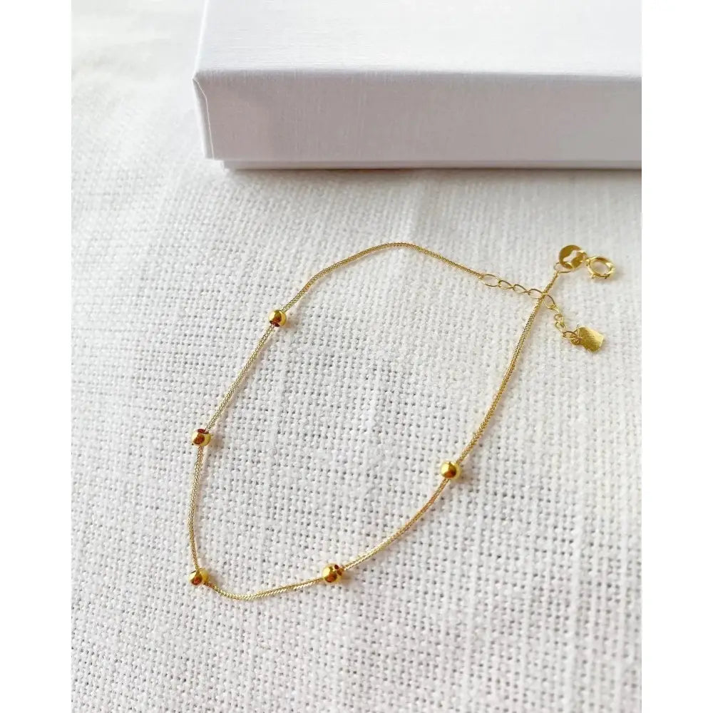 Elegant 18K Solid Gold Beaded Bracelet - Adjustable Minimalist Dainty Chain Jewelry.
