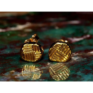 Elegant 24K Gold 5mm Textured Line Stud Earrings - Minimalist Solid Gold Discs.
