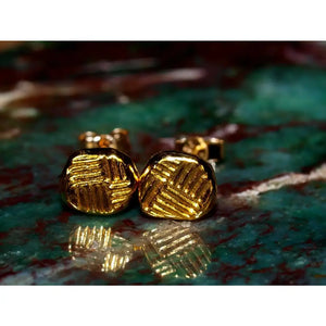 Elegant 24K Gold 5mm Textured Line Stud Earrings - Minimalist Solid Gold Discs.