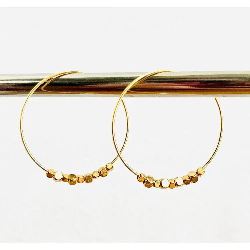 Elegant 24K Gold Plated 30mm Hoop Earrings with Chic Gigi Mini Cubed Beads.