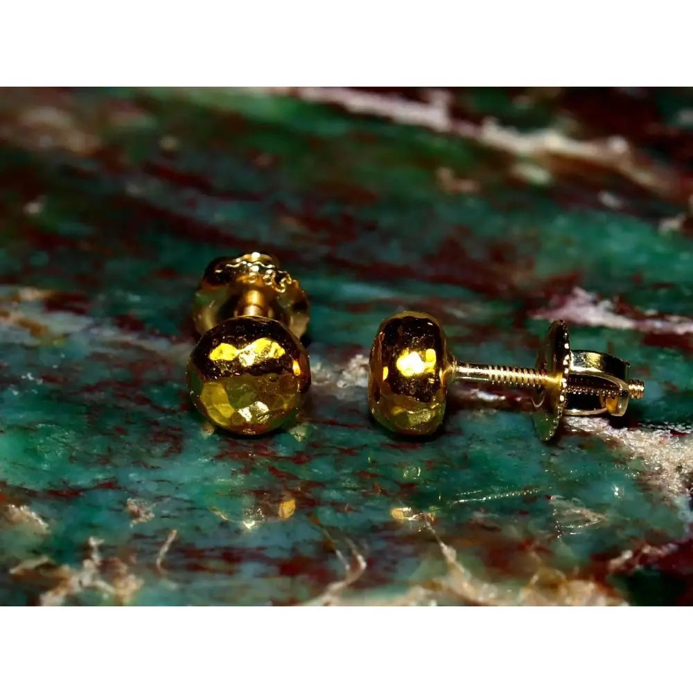 Elegant 24K Solid Gold Hammered Ball Stud Earrings - 5mm Threaded Design.