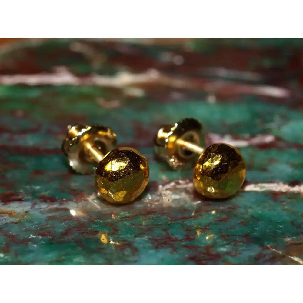 Elegant 24K Solid Gold Hammered Ball Stud Earrings - 5mm Threaded Design.