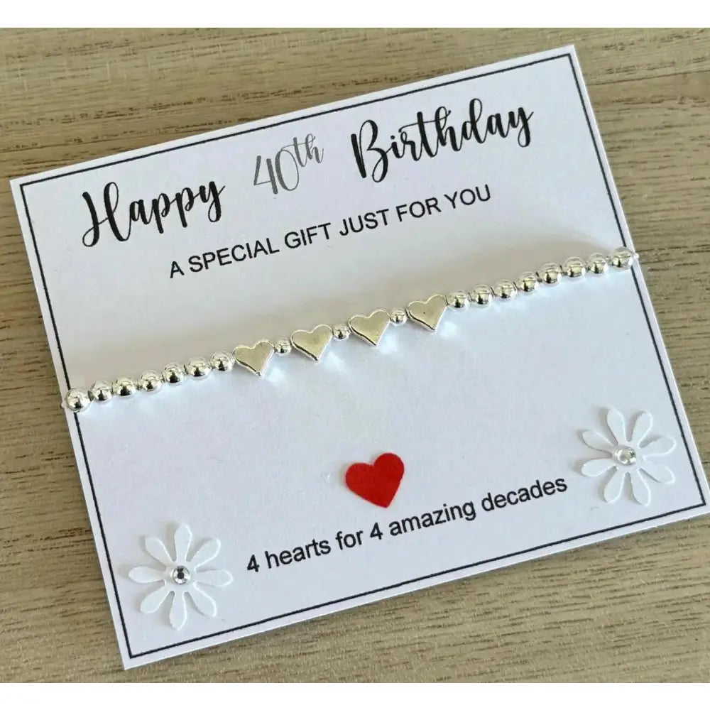 Elegant 40th Birthday Silver Heart Bracelet - Meaningful Beaded Stretch Gift for Women with Inspirational Quote Card.