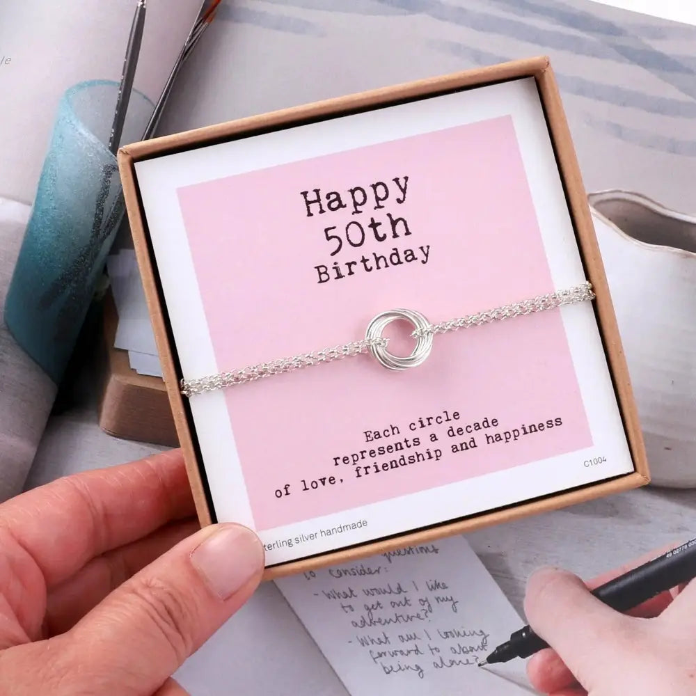 Elegant 50th Birthday Sterling Silver Bracelet - Five Circle Milestone Gift for Her.