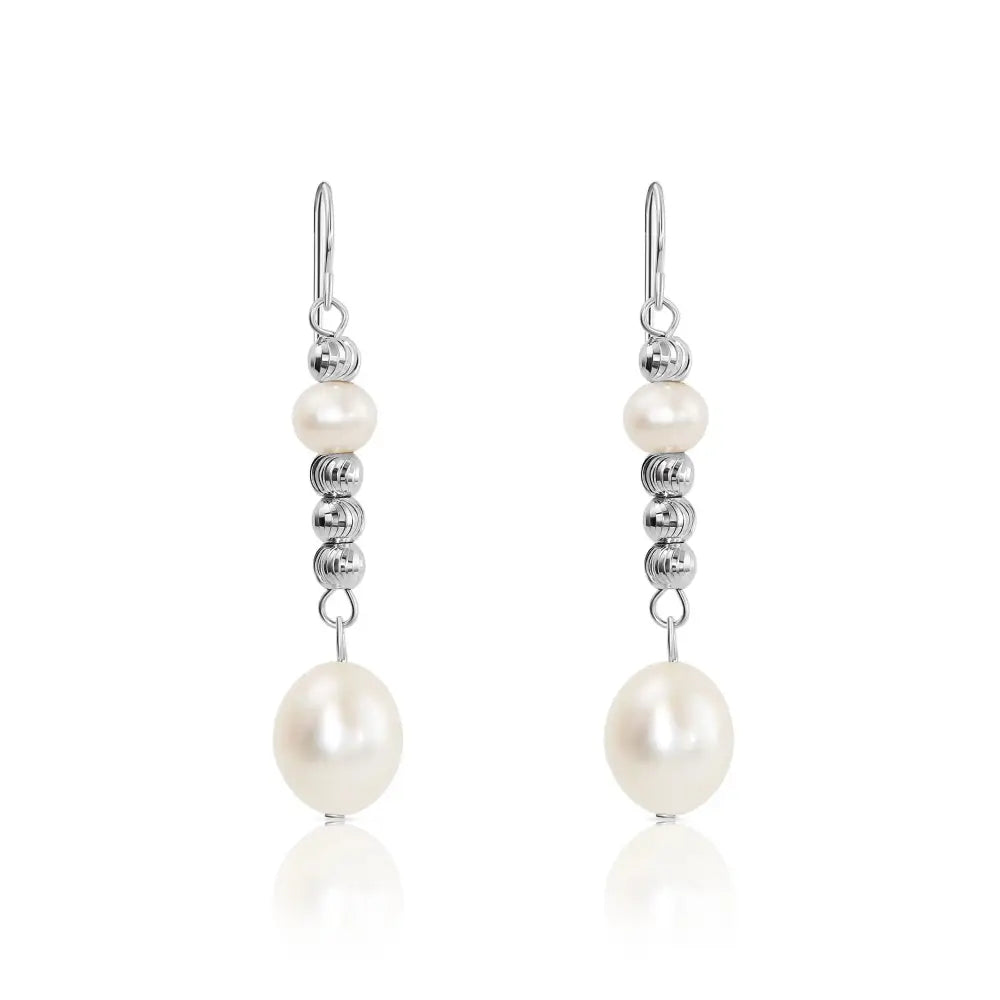 Elegant 925 Sterling Silver Double Pearl Drop Earrings - Freshwater Cultured White Pearls.