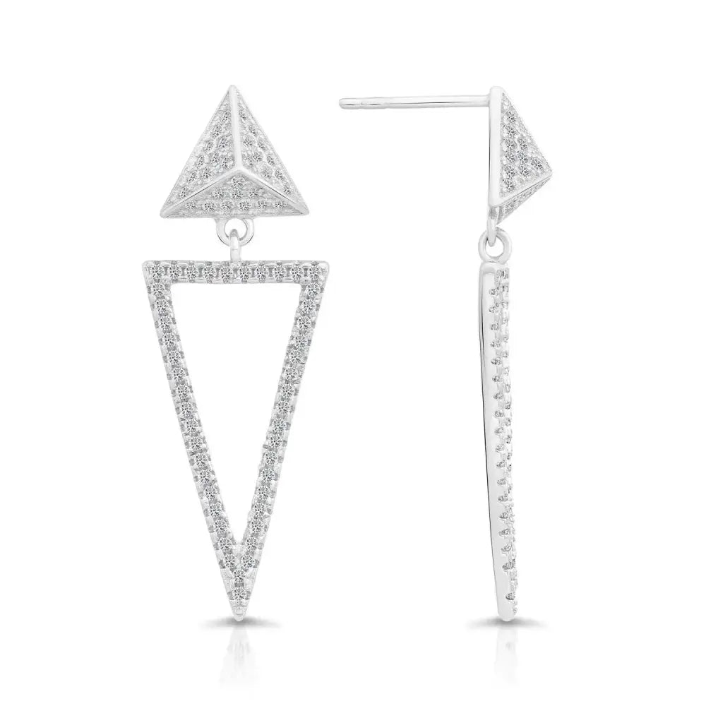 Elegant CZ Double Triangle Dangle Studs in Sterling Silver.