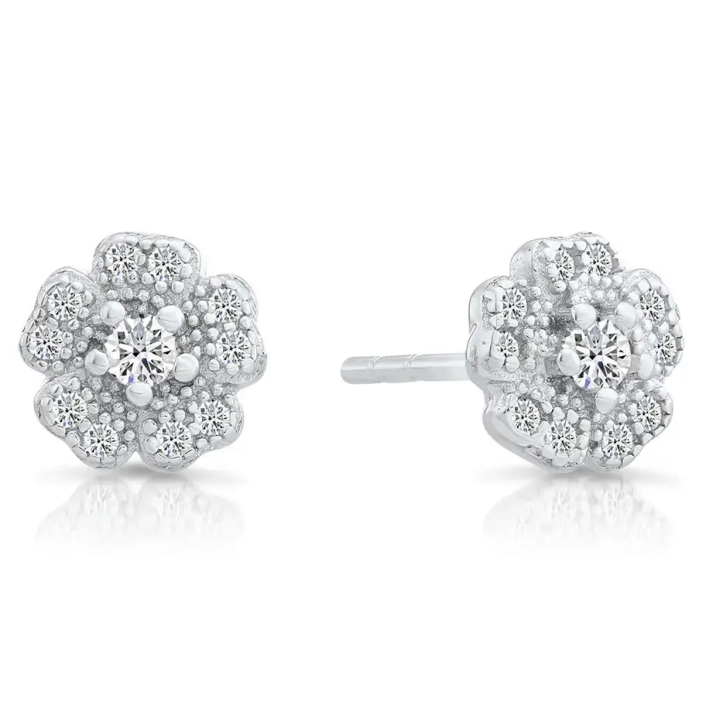 Elegant CZ Flower Stud Earrings in Sterling Silver - Timeless Sparkle for Any Occasion.