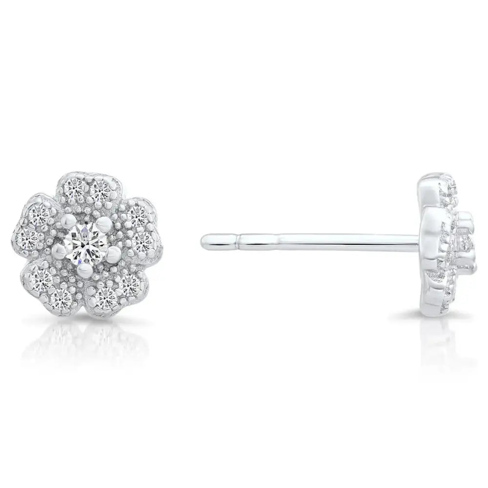 Elegant CZ Flower Stud Earrings in Sterling Silver - Timeless Sparkle for Any Occasion.