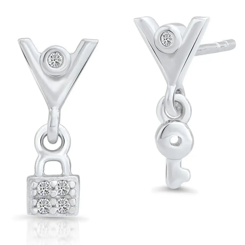 Elegant CZ Lock and Key Dangle Stud Earrings in Sterling Silver.