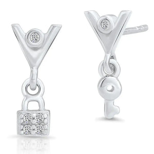 Elegant CZ Lock and Key Dangle Stud Earrings in Sterling Silver.