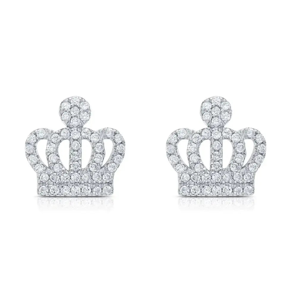 Elegant CZ Royal Crown Sterling Silver Stud Earrings.