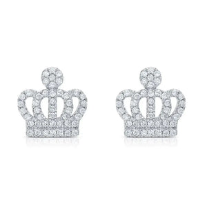 Elegant CZ Royal Crown Sterling Silver Stud Earrings.