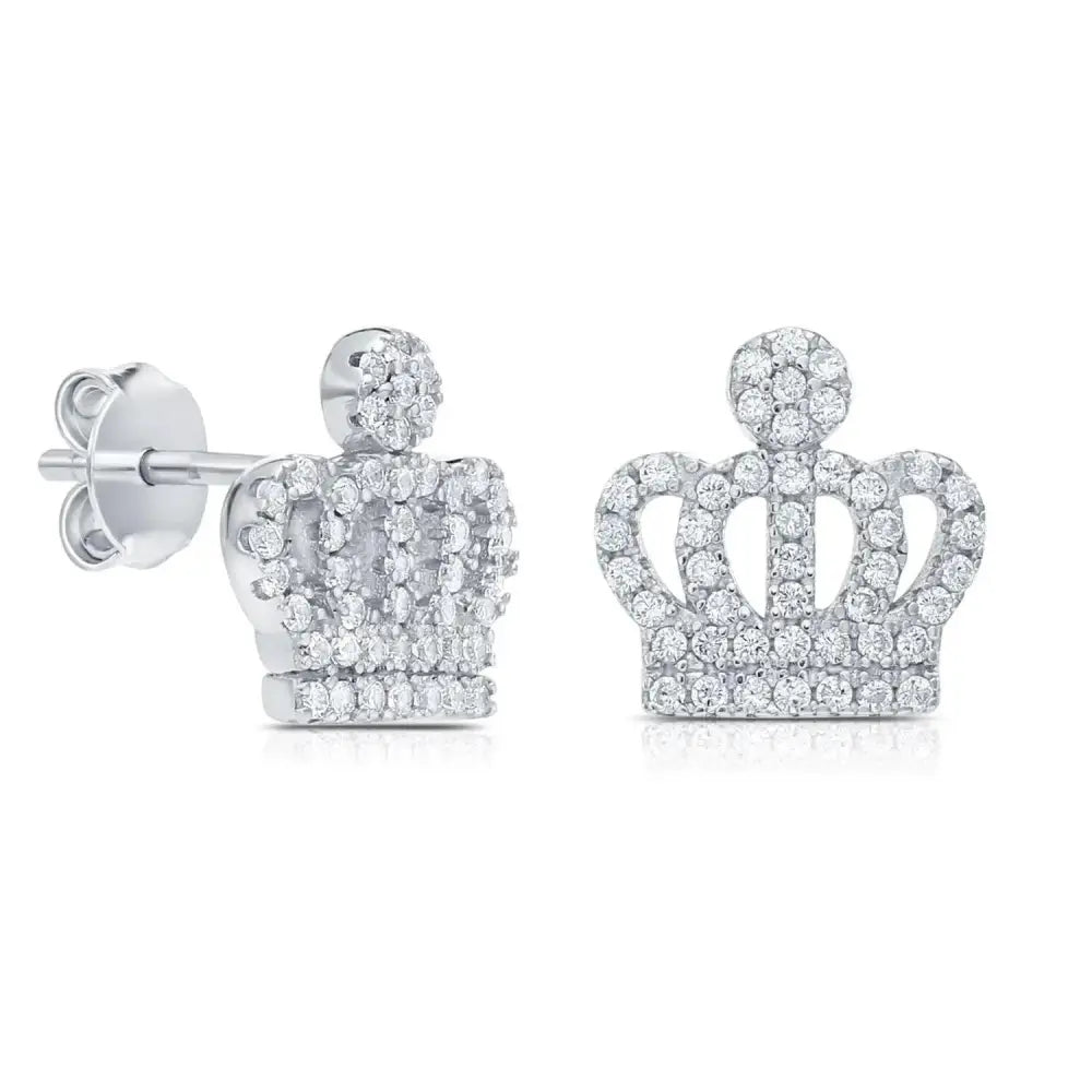 Elegant CZ Royal Crown Sterling Silver Stud Earrings.