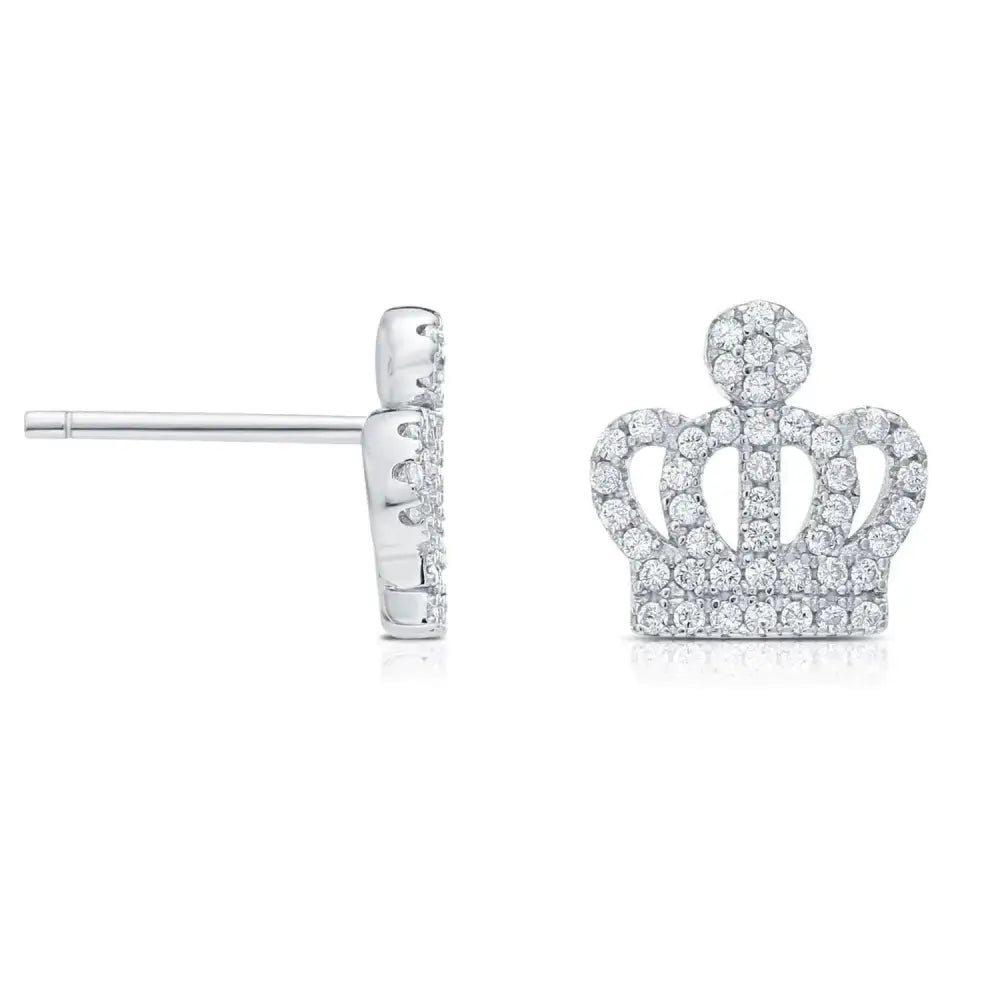 Elegant CZ Royal Crown Sterling Silver Stud Earrings.